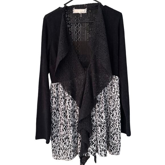 Anthropologie A’reve Cardigan L Black White Lace Knit Boho Open Front Sweater - Picture 1 of 8